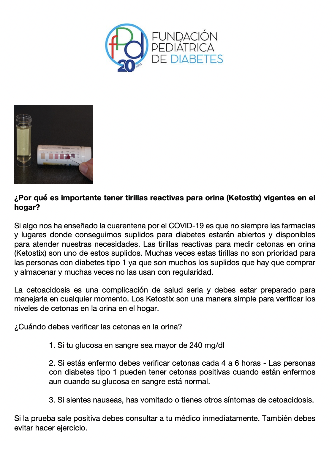 ¿Por qué es importante tener tirillas reactivas para orina (Ketostix) vigentes en el hogar?